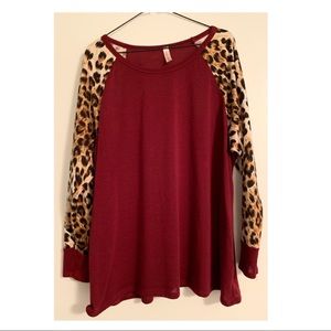 Maroon/leopard Long Sleeve Plus size top
